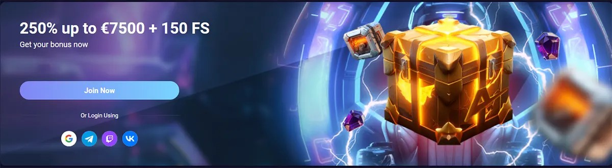Casino welcome bonus banner offering “250% up to €7500 + 150 FS,” with a “Join Now” button and social login icons on the left, and a glowing golden loot chest with lightning and gems on a futuristic blue background.