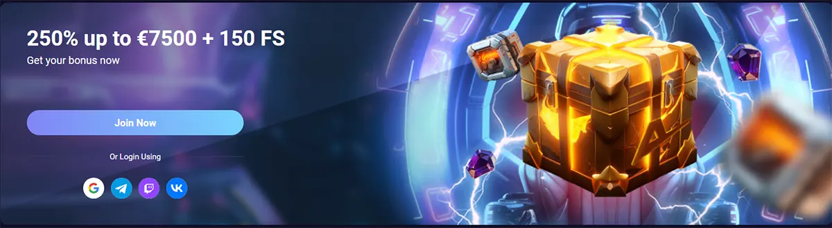 Casino welcome bonus banner offering “250% up to €7500 + 150 FS,” with a “Join Now” button and social login icons on the left, and a glowing golden loot chest with lightning and gems on a futuristic blue background.